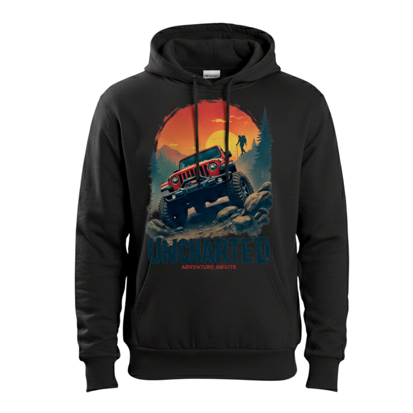 Uncharted Adventure Awaits Hoodie - Off-Road 4x4 Sunset Graphic
